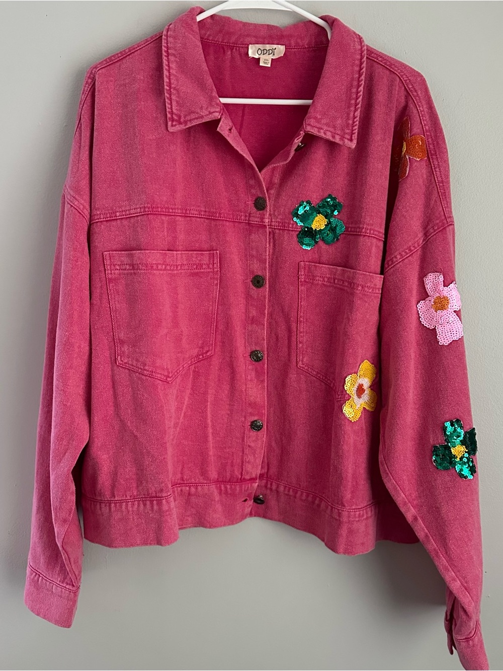 Oddi 2xl pink denim sequin flower jacket shacket women’s 2x oddy boutique